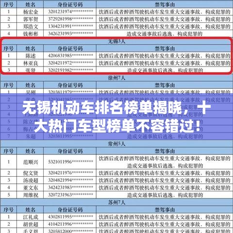 无锡机动车排名榜单揭晓，十大热门车型榜单不容错过！